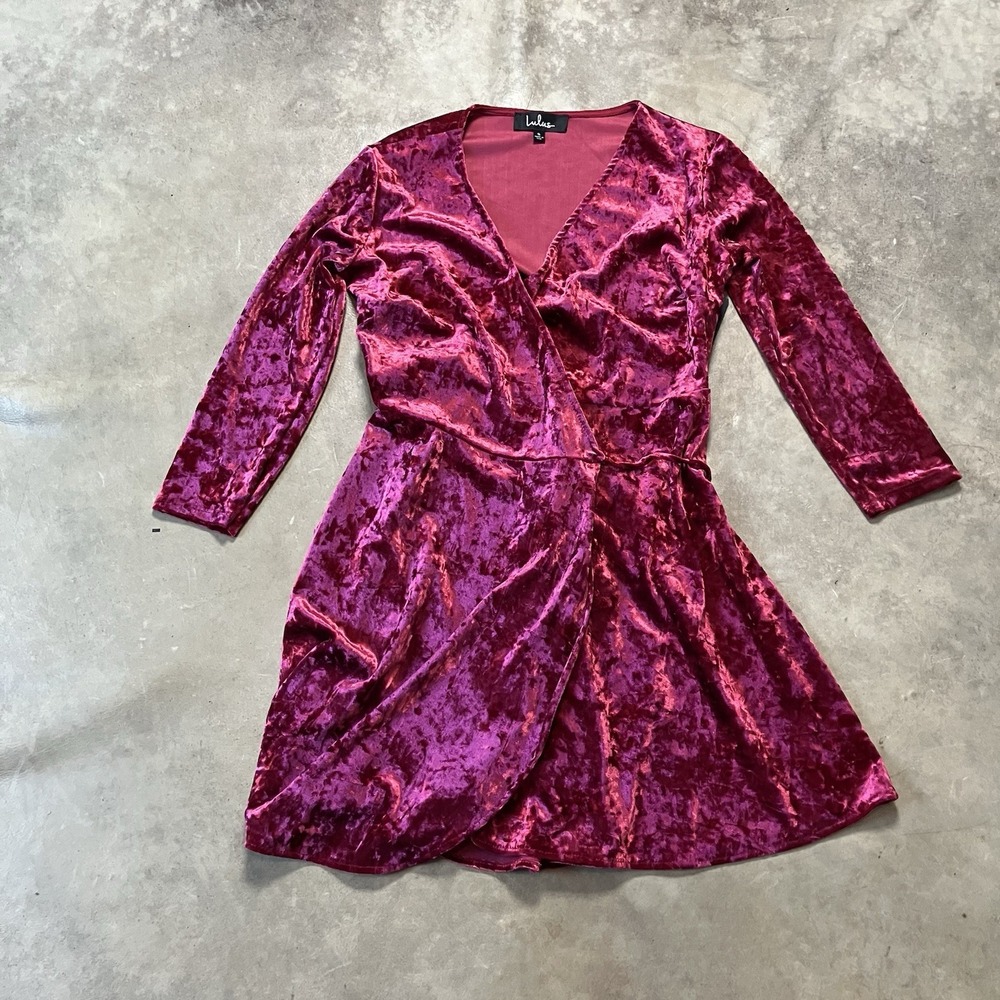 Lulus‎ Dress Womens S Shine Of Your Life Wine Red Crushed Velvet Wrap 3/4 Sleeve